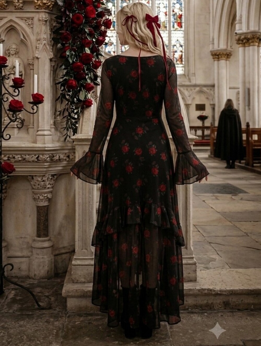 Elegant Black High-Low Maxi Dress with Red Rose Print - Picture 10 of 11